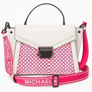 Michael Kors Whitney Medium Neon Checkerboard Logo Satchel Crossbody White/Pink